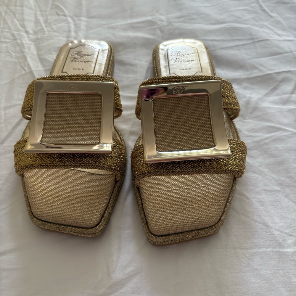 Roger Vivier Gold Sandals with Square Buckle